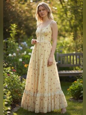 70s Cream Gunne Sax Shamash and Yofi Corset Prairie Dress / XS / Deadstock
